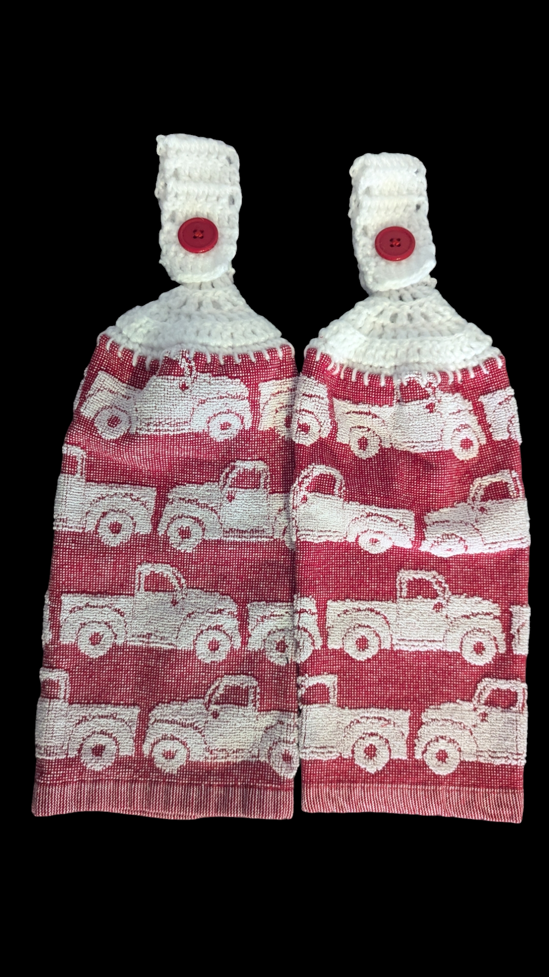 Farm Truck Hanging Towels - White Truck on Red Background- White Top, Red Buttons- Set of 2