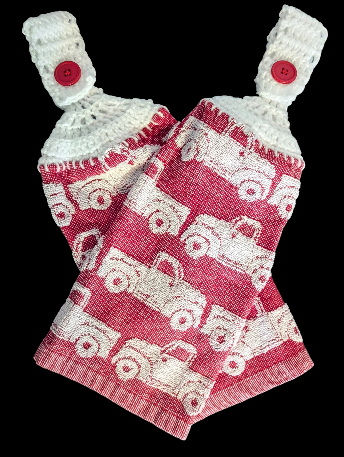 Farm Truck Hanging Towels - White Truck on Red Background- White Top, Red Buttons- Set of 2