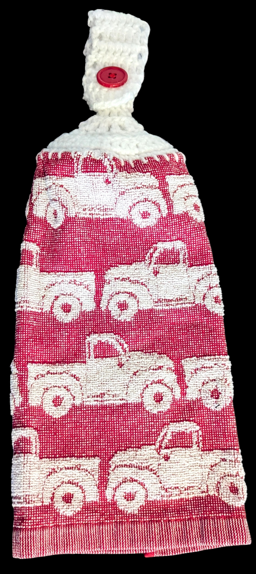 Farm Truck Hanging Towels - White Truck on Red Background- White Top, Red Buttons- Set of 2