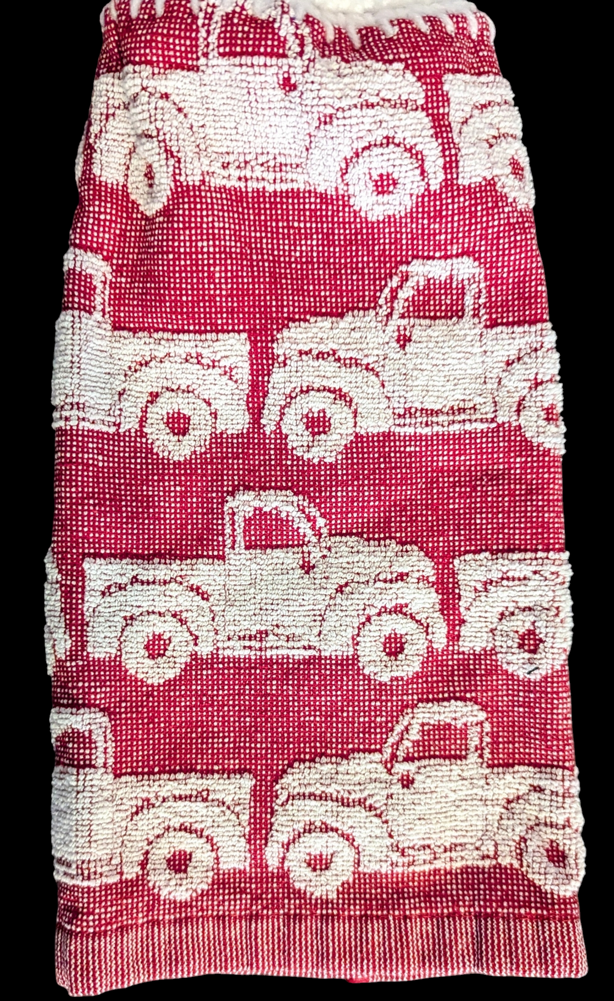 Farm Truck Hanging Towels - White Truck on Red Background- White Top, Red Buttons- Set of 2
