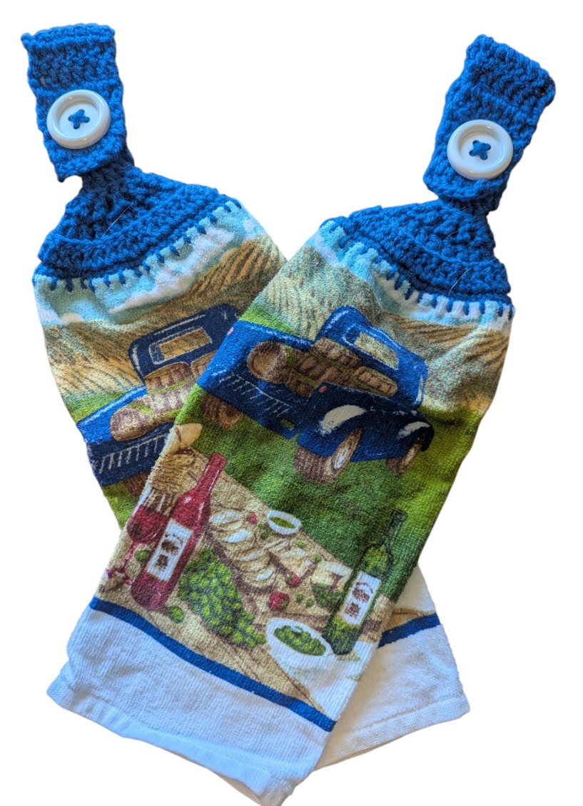 Hand Crocheted Hanging Towels – Vintage Blue Truck & Vineyard Design – Set of 2