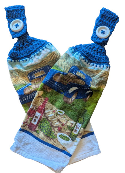 Hand Crocheted Hanging Towels – Vintage Blue Truck & Vineyard Design – Set of 2