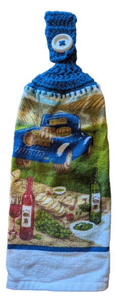 Hand Crocheted Hanging Towels – Vintage Blue Truck & Vineyard Design – Set of 2