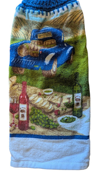 Hand Crocheted Hanging Towels – Vintage Blue Truck & Vineyard Design – Set of 2