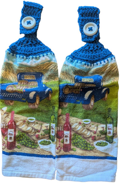 Hand Crocheted Hanging Towels – Vintage Blue Truck & Vineyard Design – Set of 2