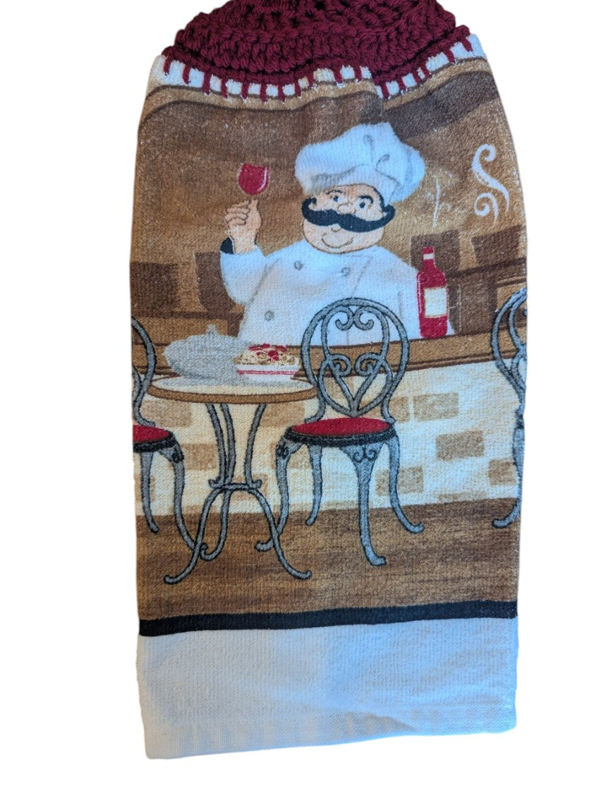 Hand Crocheted Hanging Towels - Chef and Café Design - Set of 2