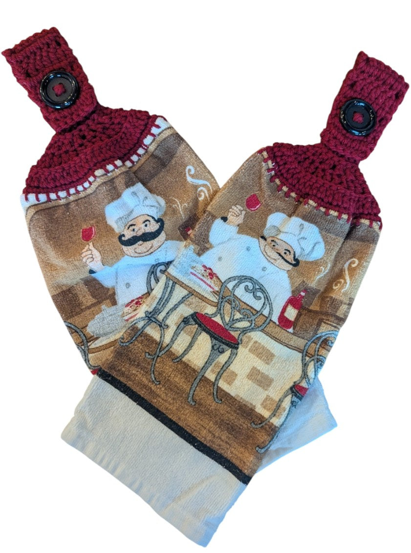 Hand Crocheted Hanging Towels - Chef and Café Design - Set of 2