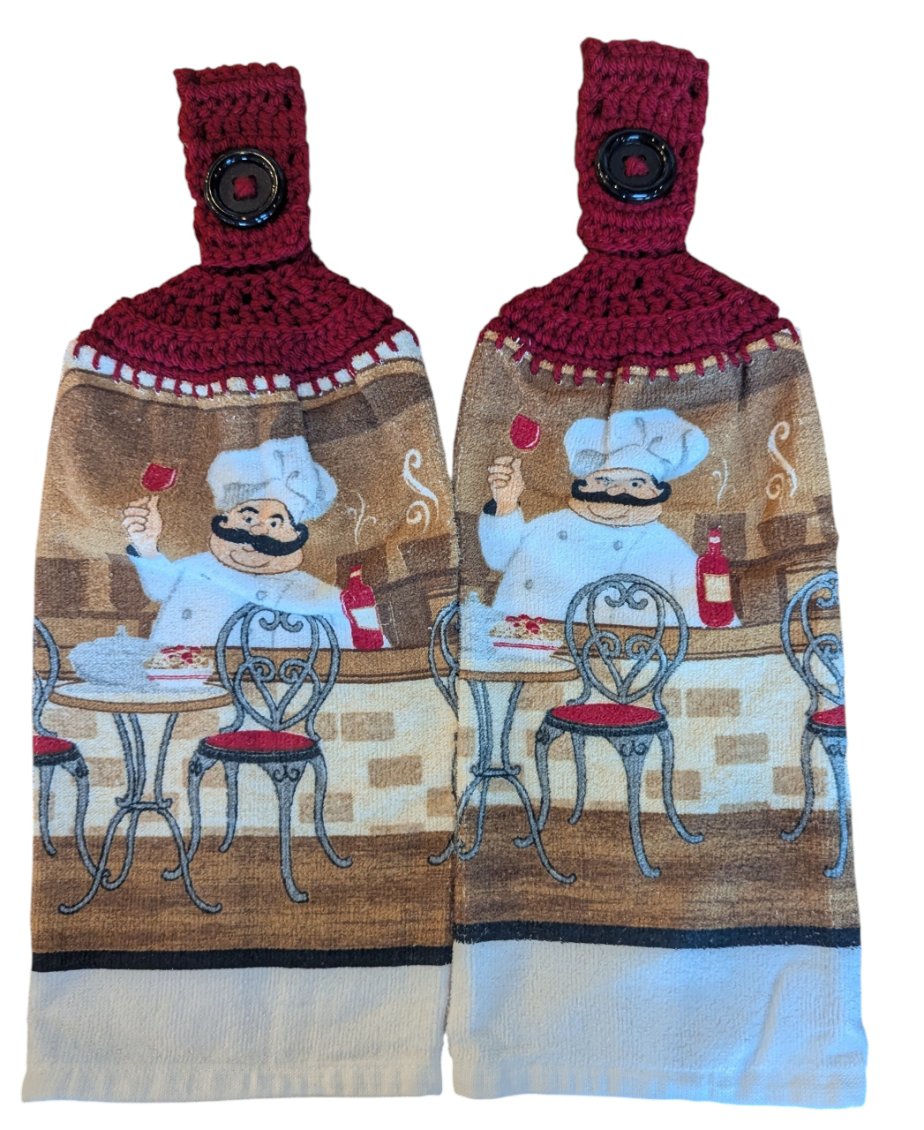 Hand Crocheted Hanging Towels - Chef and Café Design - Set of 2