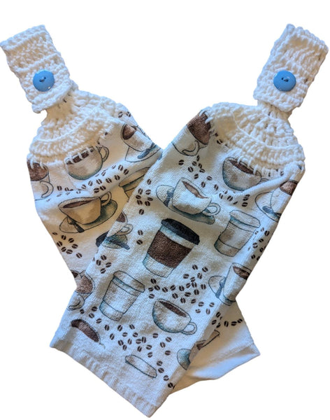 Hand Crocheted Hanging Towels – Coffee Cup & Coffee Bean Design – Set of 2