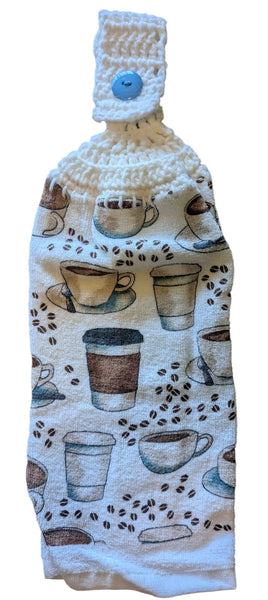 Hand Crocheted Hanging Towels – Coffee Cup & Coffee Bean Design – Set of 2