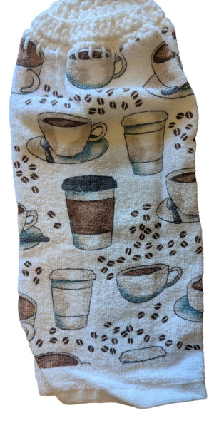 Hand Crocheted Hanging Towels – Coffee Cup & Coffee Bean Design – Set of 2
