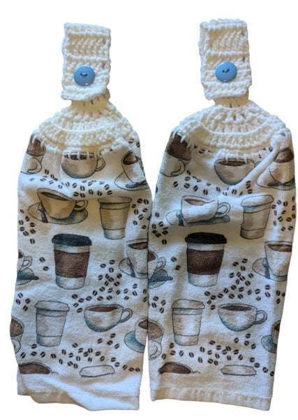 Hand Crocheted Hanging Towels – Coffee Cup & Coffee Bean Design – Set of 2