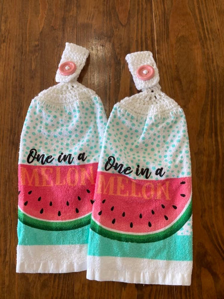 Hand Crocheted Hanging Towels - Watermelon - "One in a Melon" - Set of 2 - Two Shades of Pink Buttons