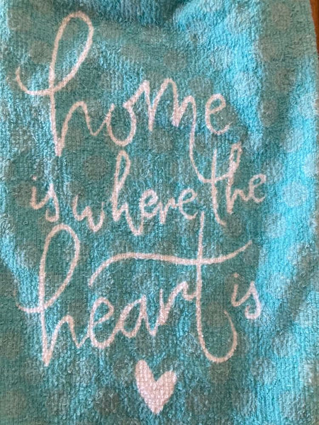 Hand Crocheted Hanging Towels with the Phrase "home is where the heart is" - Set of 2