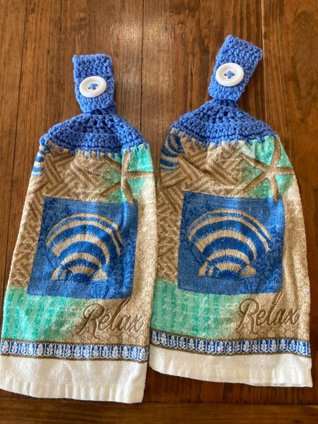 Hanging Towels - Beach Themed - Shell, "Relax" - Set of 2