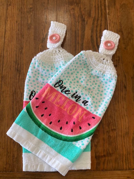 Hand Crocheted Hanging Towels - Watermelon - "One in a Melon" - Set of 2 - Two Shades of Pink Buttons