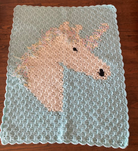 Specialty Blanket - Hand Crocheted - Teal/Cream with Fringe - Unicorn