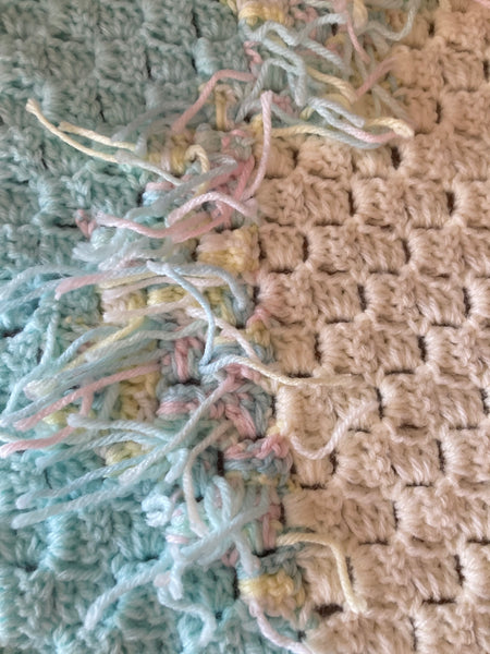 Specialty Blanket - Hand Crocheted - Teal/Cream with Fringe - Unicorn