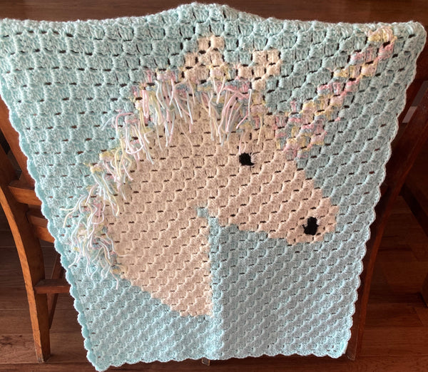 Specialty Blanket - Hand Crocheted - Teal/Cream with Fringe - Unicorn