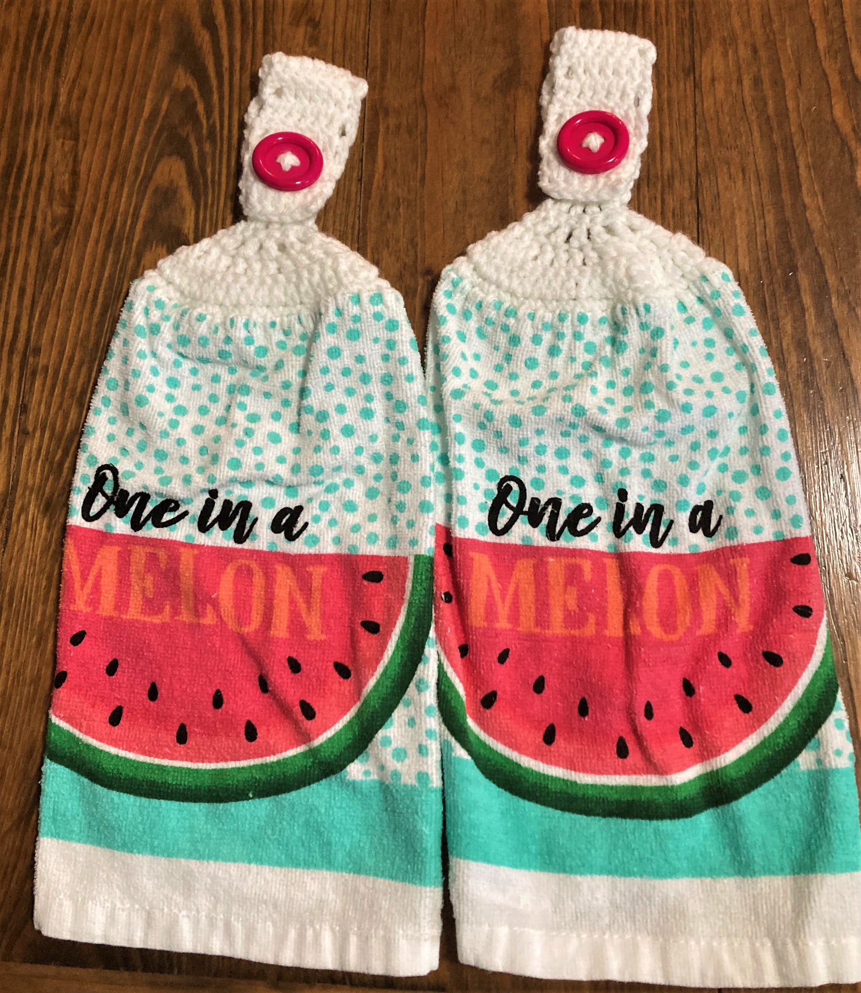 Hand Crocheted Hanging Towels - Watermelon - "One in a Melon" - Set of 2 - Two Shades of Pink Buttons