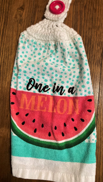 Hand Crocheted Hanging Towels - Watermelon - "One in a Melon" - Set of 2 - Two Shades of Pink Buttons