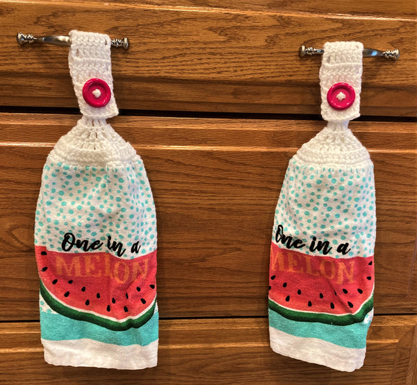 Hand Crocheted Hanging Towels - Watermelon - "One in a Melon" - Set of 2 - Two Shades of Pink Buttons