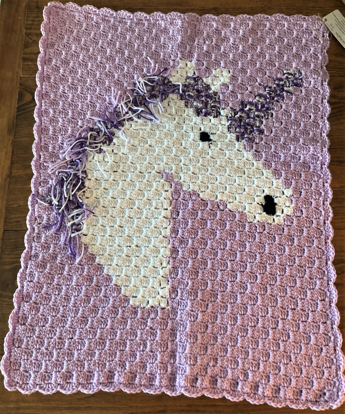 Hand-Crocheted Unicorn Baby Blanket – Purple &amp; White with Fringe Mane