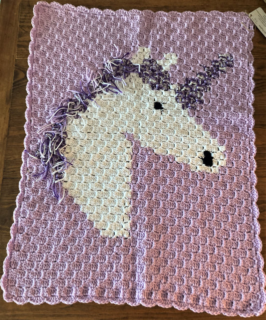 Hand-Crocheted Unicorn Baby Blanket – Purple &amp; White with Fringe Mane