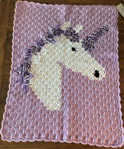 Specialty Blanket - Hand Crocheted - Purple/White with Fringe - Unicorn