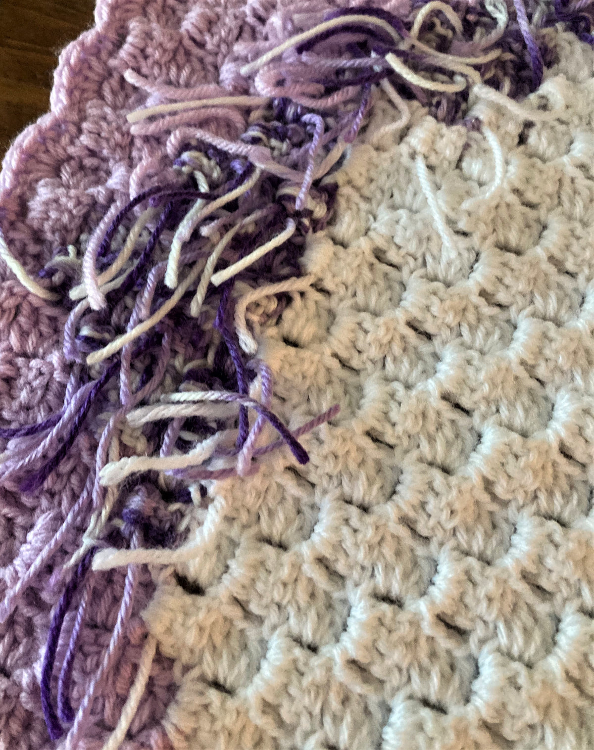 Hand-Crocheted Unicorn Baby Blanket – Purple &amp; White with Fringe Mane