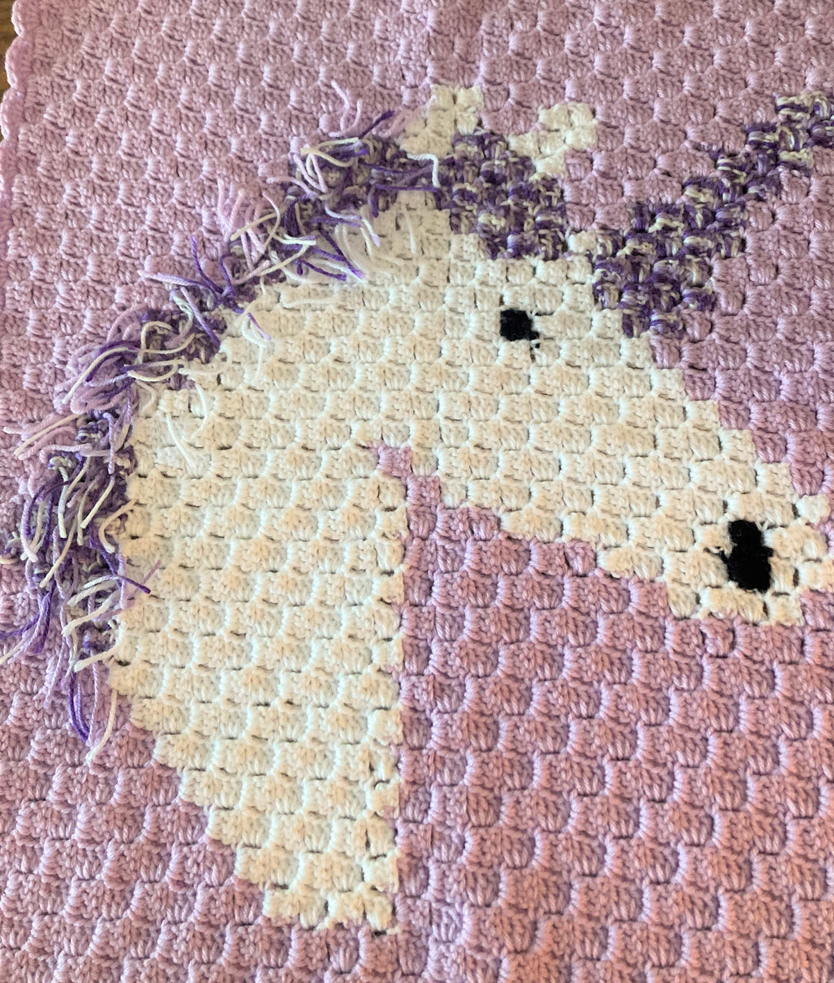 Hand-Crocheted Unicorn Baby Blanket – Purple &amp; White with Fringe Mane