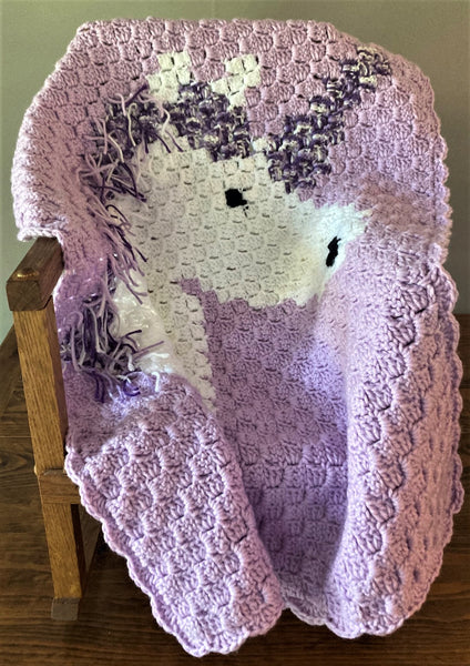 Specialty Blanket - Hand Crocheted - Purple/White with Fringe - Unicorn