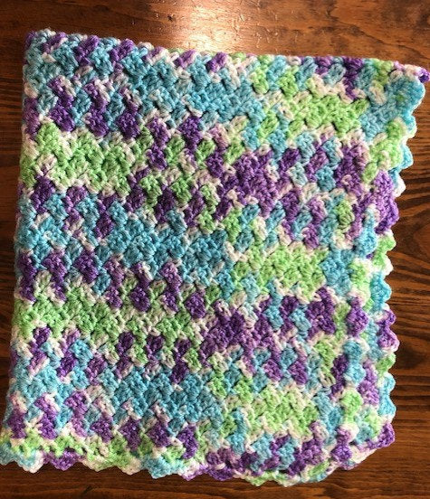 Baby Blanket - Hand Crocheted - Purple/White/Blue/Green