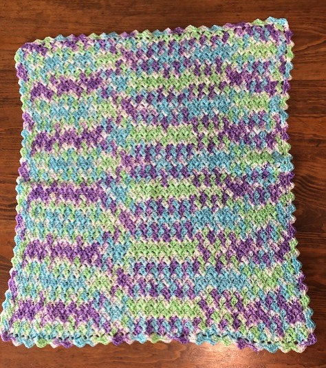 Baby Blanket - Hand Crocheted - Purple/White/Blue/Green