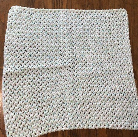 Baby Blanket - Hand Crocheted - White/Blue/Green/Pink