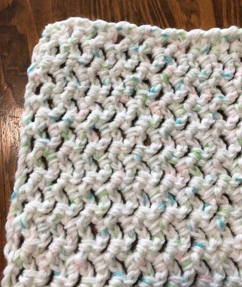 Baby Blanket - Hand Crocheted - White/Blue/Green/Pink