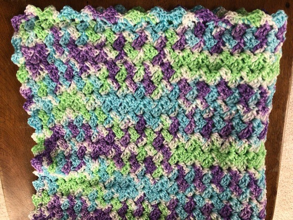 Baby Blanket - Hand Crocheted - Purple/White/Blue/Green