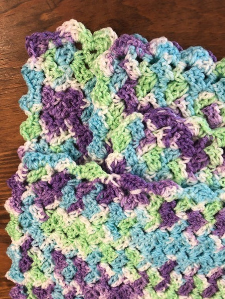 Baby Blanket - Hand Crocheted - Purple/White/Blue/Green