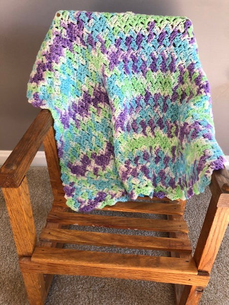 Baby Blanket - Hand Crocheted - Purple/White/Blue/Green