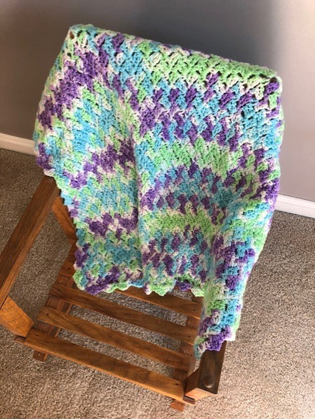 Baby Blanket - Hand Crocheted - Purple/White/Blue/Green