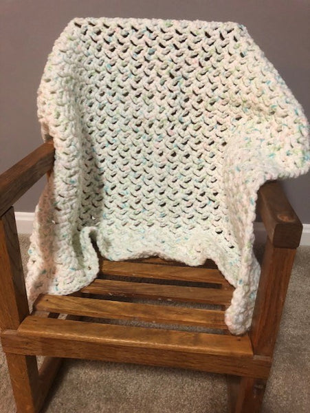 Baby Blanket - Hand Crocheted - White/Blue/Green/Pink