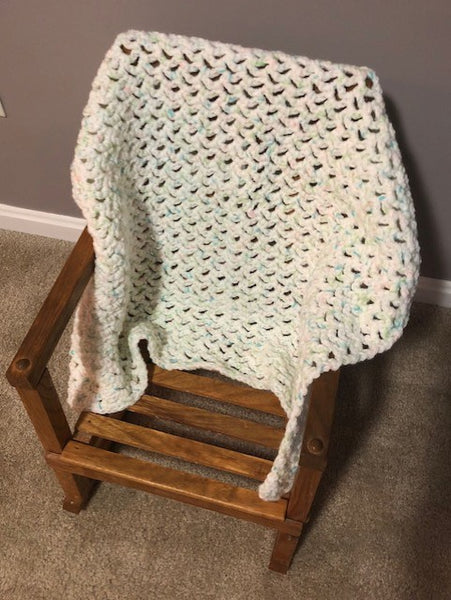 Baby Blanket - Hand Crocheted - White/Blue/Green/Pink