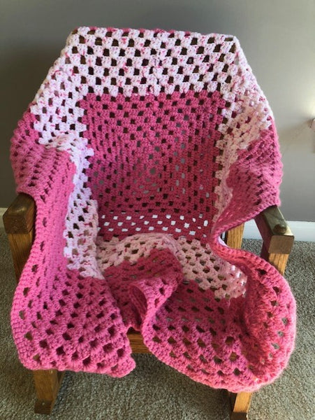 Baby Blanket - Hand Crocheted - Various Shades of Pink with Square