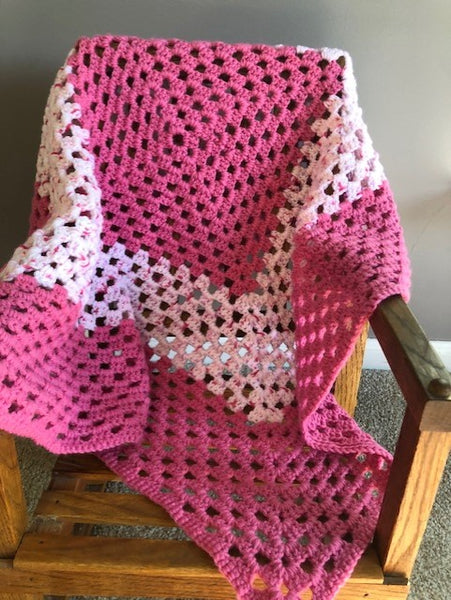 Baby Blanket - Hand Crocheted - Various Shades of Pink with Square