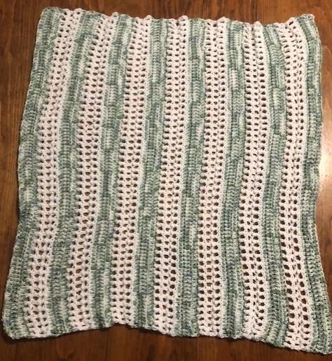 Baby Blanket - Hand Crocheted - White with Stripes of Blue/Green/White Pattern