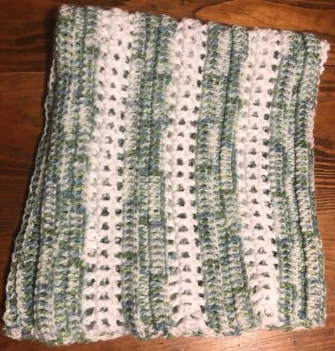 Baby Blanket - Hand Crocheted - White with Stripes of Blue/Green/White Pattern