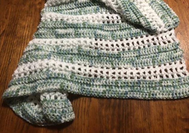 Baby Blanket - Hand Crocheted - White with Stripes of Blue/Green/White Pattern
