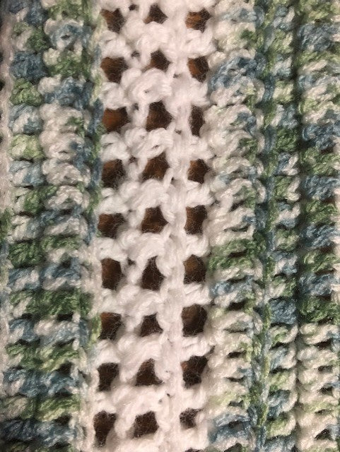 Baby Blanket - Hand Crocheted - White with Stripes of Blue/Green/White Pattern