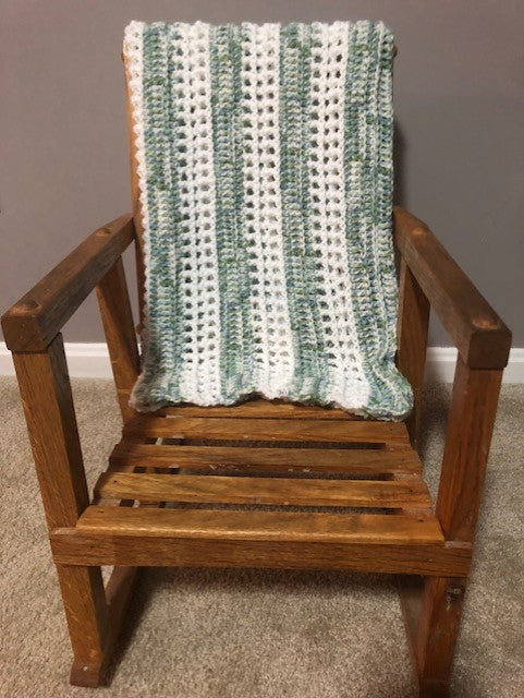 Baby Blanket - Hand Crocheted - White with Stripes of Blue/Green/White Pattern