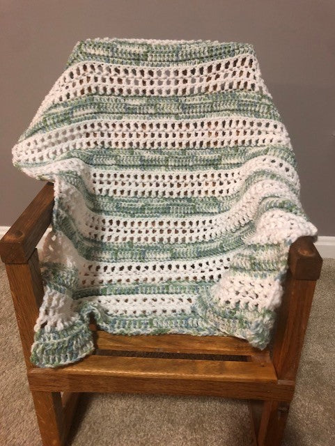 Baby Blanket - Hand Crocheted - White with Stripes of Blue/Green/White Pattern